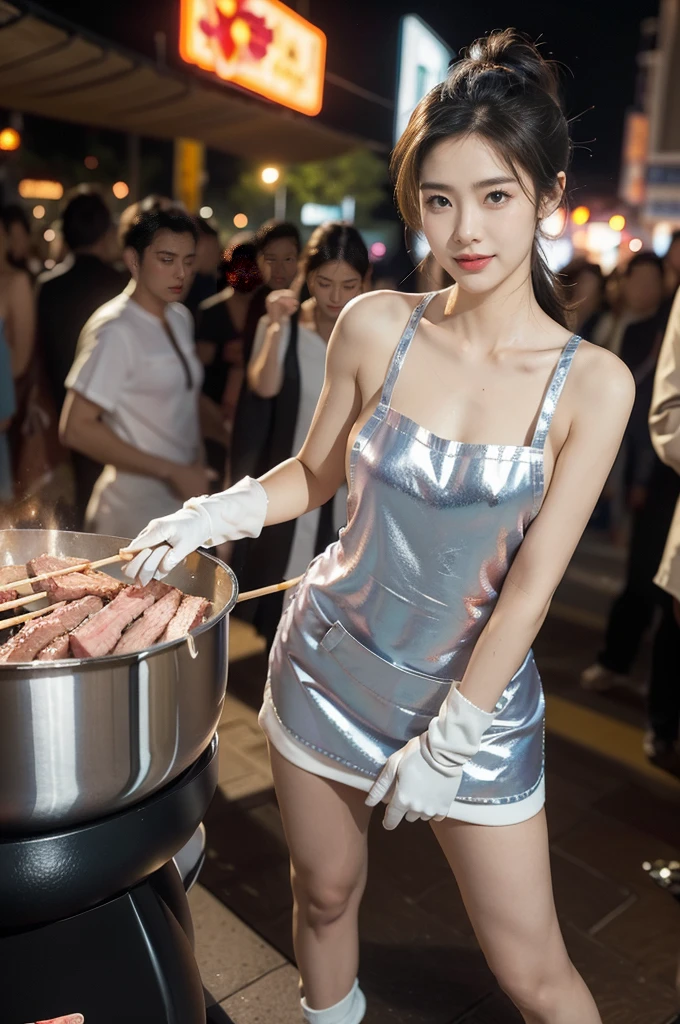 (((best quality))),(((ultra detailed))),(((masterpiece))),illustration,((1 beautiful girl,solo)),((slim,thin)),((small breasts,flat chest)),summer night,metropolis,((barbecue joint)),humble,vibrant energy,city that never sleeps,(short ponytail:1.2),(((female orgasmic,blush))),(sweat:1.3),(shiny skin:1.5),(sheer apron:1.3),((bare shoulders,bare arms)),(gloves:1.3),((slender legs,sneakers)),(standing:1.3),lightweight,practicality,((sizzling hot grill)),smooth,tanned skin,soft glow,skillfully,((skewers,meat)),intense concentration,bright eyes,alert,passion for work,atmosphere,vibrant,dynamic,laughter,conversation,sizzle,crackle,aromatic scent,tinged,radiant smile,genuine enjoyment,easy manner,warm presence,community,dedication,beauty in simplicity,midst of bustling city streets,outdoor,midnight,((from front,full body)),(surrounded by crowded crowds:1.3)