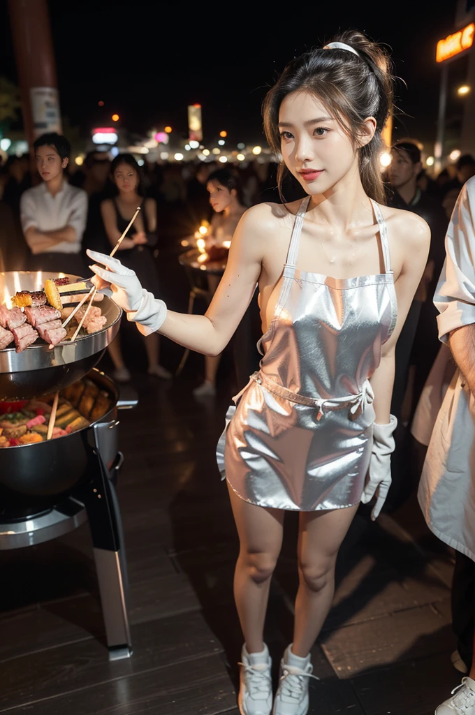 (((best quality))),(((ultra detailed))),(((masterpiece))),illustration,((1 beautiful girl,solo)),((slim,thin)),((small breasts,flat chest)),summer night,metropolis,((barbecue joint)),humble,vibrant energy,city that never sleeps,(short ponytail:1.2),(((female orgasmic,blush))),(sweat:1.3),(shiny skin:1.5),(sheer apron:1.3),((bare shoulders,bare arms)),(gloves:1.3),((slender legs,sneakers)),(standing:1.3),lightweight,practicality,((sizzling hot grill)),smooth,tanned skin,soft glow,skillfully,((skewers,meat)),intense concentration,bright eyes,alert,passion for work,atmosphere,vibrant,dynamic,laughter,conversation,sizzle,crackle,aromatic scent,tinged,radiant smile,genuine enjoyment,easy manner,warm presence,community,dedication,beauty in simplicity,midst of bustling city streets,outdoor,midnight,((from front,full body)),(surrounded by crowded crowds:1.3)