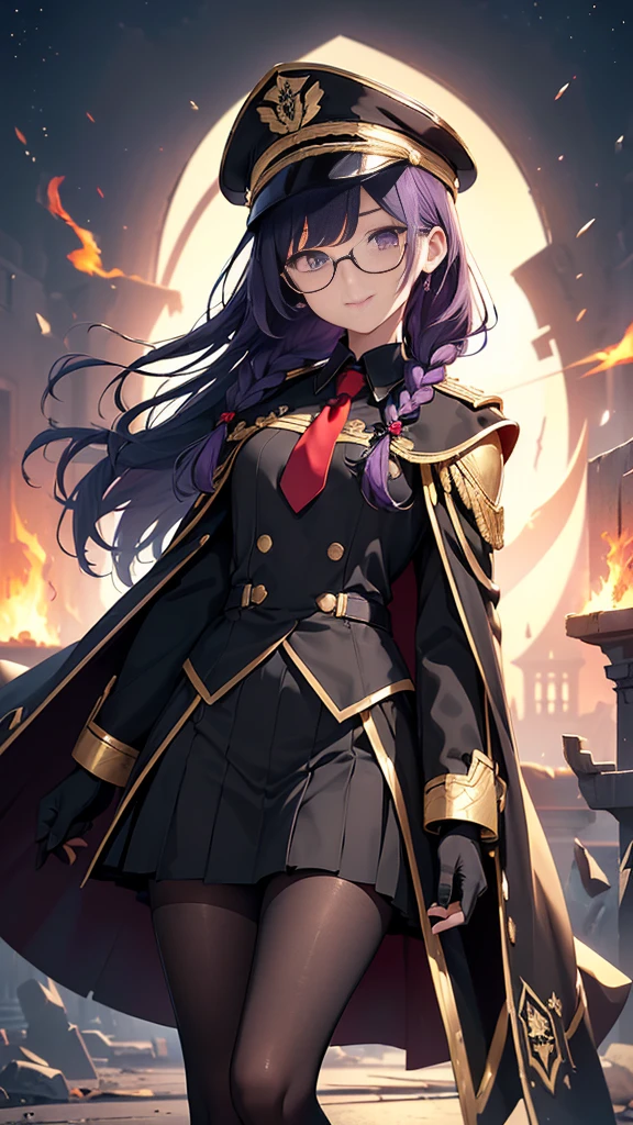 realisitic, City Deserted, Pile of rubble, Brick building, a one woman (18 years old, far away blackw hair, far away slits, Eyes red, glare eyes, 精致的面容, standing (In floor, feet shoulder-width apart), ta style military uniform (blackw base, Red Insert, golden decoration, volantes, wide sleeves, dainty and delicate detailing armors), blackw far away gloves (blackw, Red Insert, golden decoration, small hands, armors), blackw far away gloves, knee high boots (blackw, high-heels, red soles), ha (blackw, aba dourada, shield emblem, delicate details), arms in front, Front of belly, Holding military swords with both hands (blackw, golden decoration, delicate detail, Handle at the top, Ground-facing blade, in front of the body, far away), night sky (blackw, stele, Increased flames and smoke) Pale painting style, One Girl, super high quality, Super Detail, Super Detailed image, long hair, looking at viewer, skirt, shirt, hair ornament, violet eyes, gloves, round glasses, long sleeves, hat, closed mouth, jacket, violet hair, braid, open clothes, necktie, black gloves, black skirt, uniform, single braid, open jacket, black jacket, black headwear, 手链, peaked cap, black necktie, cropped jacket, military hat, pantyhose, Flat Chest, smile, Black Cape