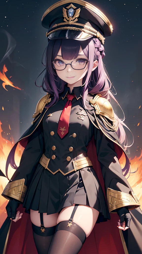 realisitic, City Deserted, Pile of rubble, Brick building, a one woman (18 years old, far away blackw hair, far away slits, Eyes red, glare eyes, 精致的面容, standing (In floor, feet shoulder-width apart), Lolita style military uniform (blackw base, Red Insert, golden decoration, volantes, wide sleeves, dainty and delicate detailing armors), blackw far away gloves (blackw, Red Insert, golden decoration, small hands, armors), blackw far away gloves, knee high boots (blackw, high-heels, red soles), ha (blackw, aba dourada, shield emblem, delicate details), arms in front, Front of belly, Holding military swords with both hands (blackw, golden decoration, delicate detail, Handle at the top, Ground-facing blade, in front of the body, far away), night sky (blackw, stele, Increased flames and smoke) Pale painting style, One Girl, super high quality, Super Detail, Super Detailed image, long hair, looking at viewer, skirt, shirt, hair ornament, violet eyes, gloves, round glasses, long sleeves, hat, closed mouth, jacket, violet hair, braid, open clothes, necktie, black gloves, black skirt, uniform, single braid, open jacket, black jacket, black headwear, 手链, peaked cap, black necktie, cropped jacket, military hat, pantyhose, Flat Chest, smile, Black Cape