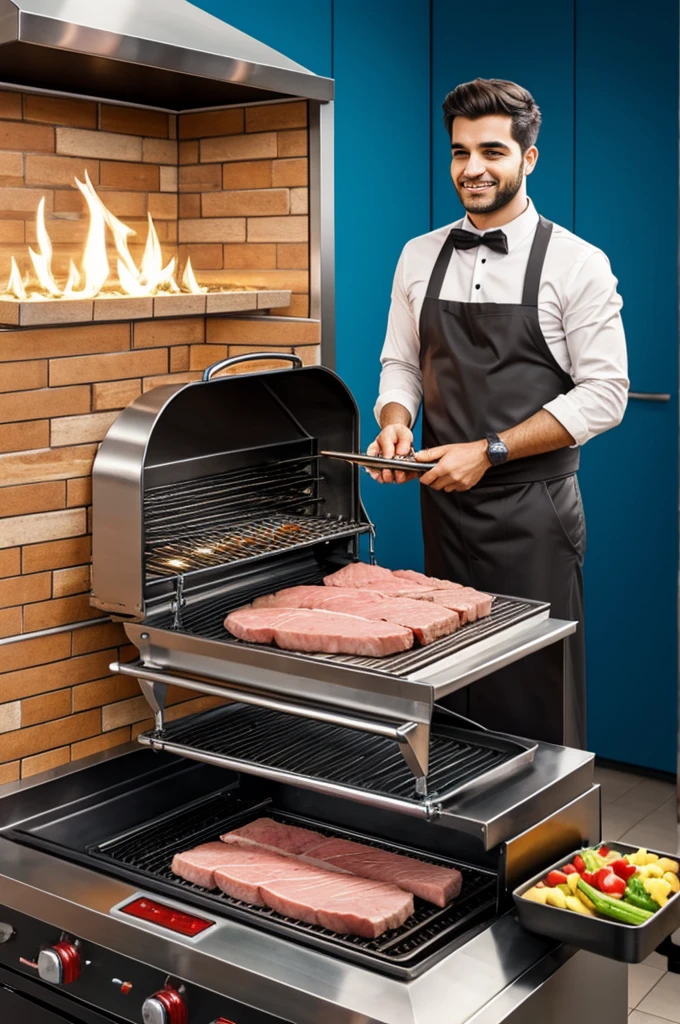Man and cylinder grill for roasting meat cartoon for logo 