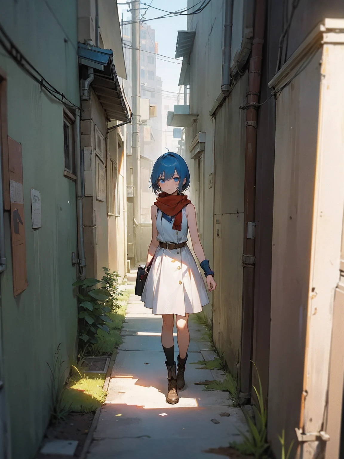 A young anime girl with short blue hair and blue eyes stands in an urban alleyway. She is wearing a white sleeveless dress that has a belt at the waist, and she has a large red scarf wrapped around her neck. The girl has a pensive and somewhat melancholic expression on her face. The alleyway is narrow and slightly run-down, with some debris and vegetation visible on the ground. The scene is lit by sunlight, casting shadows and creating a realistic atmosphere. The background includes some buildings and a few power lines, enhancing the urban setting