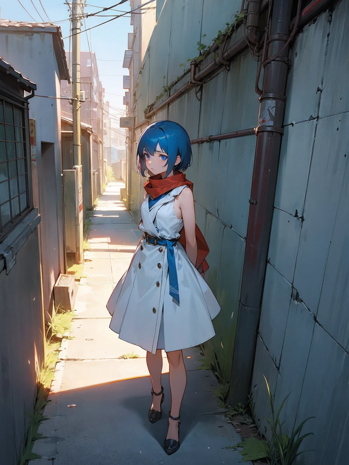 A young anime girl with short blue hair and blue eyes stands in an urban alleyway. She is wearing a white sleeveless dress that has a belt at the waist, and she has a large red scarf wrapped around her neck. The girl has a pensive and somewhat melancholic expression on her face. The alleyway is narrow and slightly run-down, with some debris and vegetation visible on the ground. The scene is lit by sunlight, casting shadows and creating a realistic atmosphere. The background includes some buildings and a few power lines, enhancing the urban setting