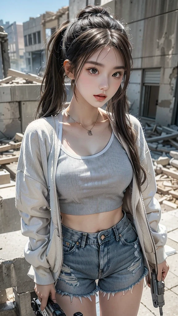 A man wearing a gray and white plaid fleece jacket,White tube top,Denim shorts,Off-white sneakers,Close-up of a girl with two pigtails holding a gun in the ruins of a battlefield,Full body close-up