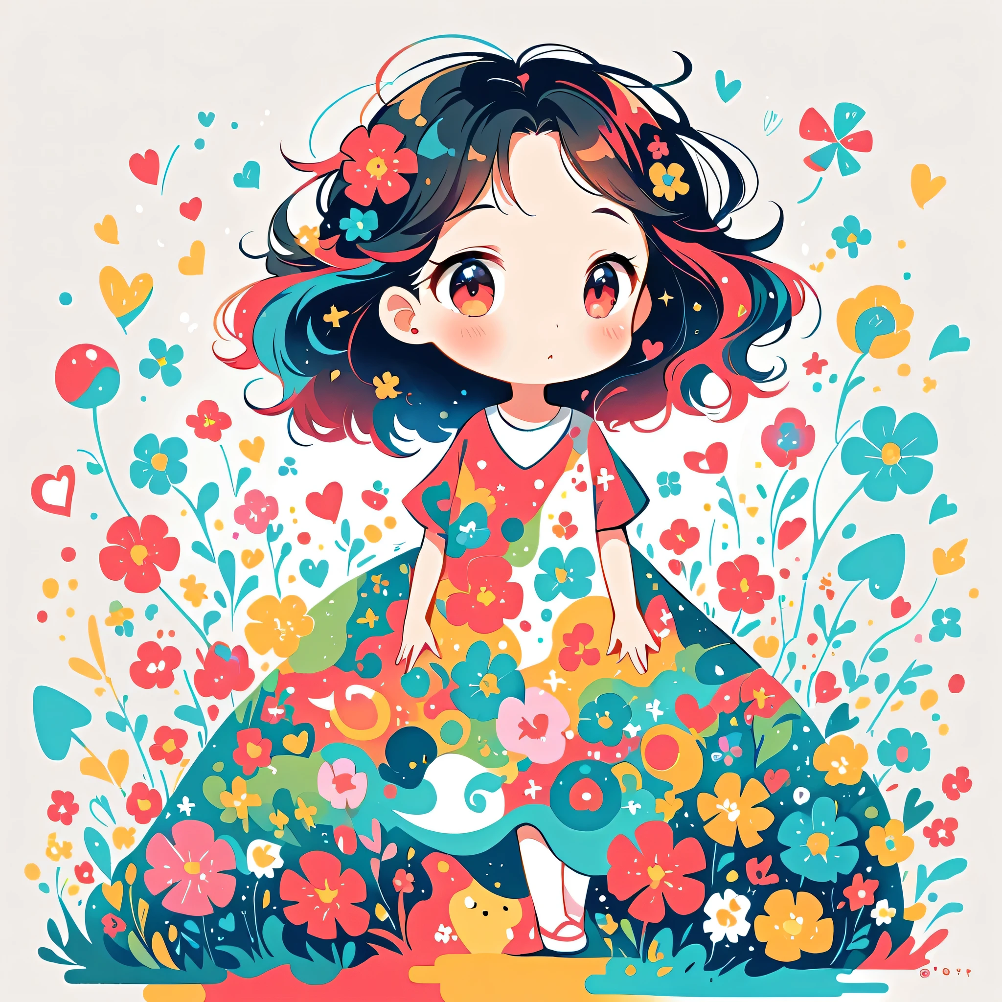 Black Star Red and White style, Simple Line Initialism,Abstract art,Urban Background, colorful hearts ,colorful flowers, (((The most beautiful girl of all time))), playing, Cute and colorful amoeba