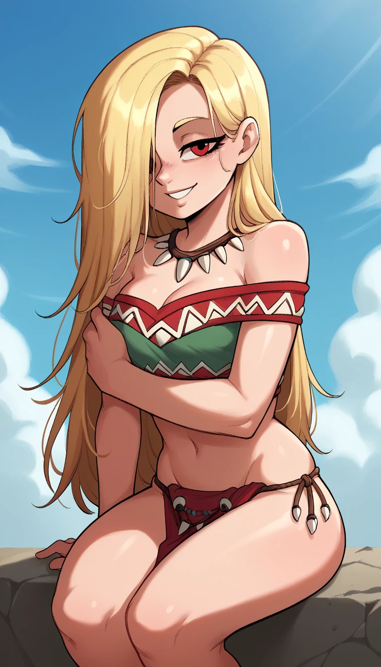 score_9, score_8_up, score_7_up, score_6_up, score_5_up, score_4_up, BREAK 1girl, blonde hair, loose hair, masterpiece, The best quality at its best, Super detailed, Absurd, solo, 耳Nipple Ring,(Off-the-shoulder outfit, Cleavage, Upper body close-up, smile, String, Best, cloud, Sky Sky, Daisy, Sit, Sitting_upon_Rock Music, Volumetric Lighting, 最high quality, masterpiece, Intricate details, Tone Mapping, Sharp focus, Super detailed, Look at her, Great environment, Very detailed, high quality, summer, Bright sun, Pool, bikini, White ruffled swimsuit, swept bangs, red eyes, blonde eyelashes, blonde eyebrows, bent over, blunt bangs, short, BREAK solo, small breast, skinny, arched back, thigh gap, tribal princess outfit, innocent, lovely, adorable, long hair, hair covering one eye,