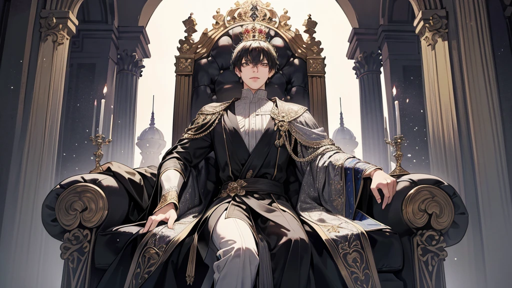 (adult), black hair, short hair, the king sits on a majestic throne inside a majestic palace with a crown. The environment around it is majestic. Black Throne with silver and gemstone details, and covered with silver cloth. The protagonist is dressed in royal clothes., Arrogant Posture, the king's beautiful black and blue robe, with a determined expression on his face, when he looks at the horizon with glowing and piercing blue eyes, Sharp facial features, masterpiece, Best quality, Concept art in 8K resolution, Fantasy art, epic art, concept art wallpaper 4K, deep color, daylight. adult, Beautiful, tall guy, big torso, broad shoulders.