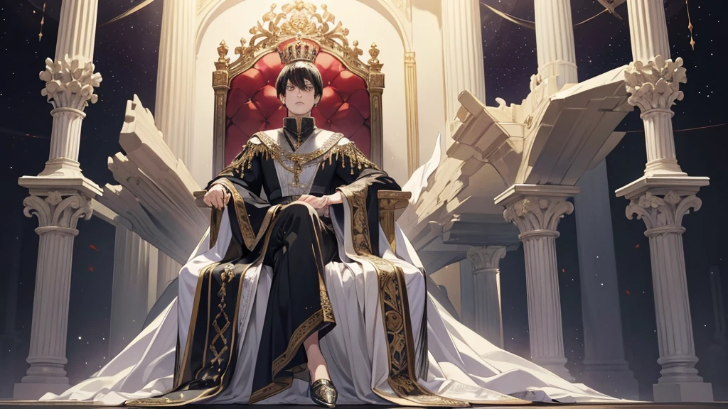 (adult), black hair, short hair, the king sits on a majestic throne inside a majestic palace with a crown. The environment around it is majestic. Black Throne with silver and gemstone details, and covered with silver cloth. The protagonist is dressed in royal clothes., Arrogant Posture, the king&#39;s beautiful black and blue robe, with a determined expression on his face, when he looks at the horizon with glowing and piercing blue eyes, Sharp facial features, masterpiece, Best quality, Concept art in 8K resolution, Fantasy art, epic art, concept art wallpaper 4K, deep color, daylight. adult, Beautiful, tall guy, big torso, broad shoulders.