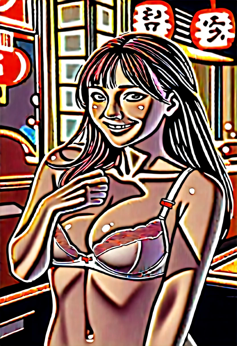 masterpiece, best quality, very aesthetic,intricate details,upper body, 1 girl,solo,(realistic clothes:0.1),medium breasts,from front,look at viewer,
break,
Chinese Restaurant, Chinese Cuisine, Chinese Restaurant, night, metropolis, night view, night view in distance,
break,
paw pose,
break,
fair skin,
break,
 (nsfw: 1.5, big tits: 1 .7, cleavage, string bra top, satin, ingerie),
break,
smiling,:o,
break,
 (20 yrs, Japanese Female, Solo: 1.3), dark hair, pretty face, idol, shy smile, (shiny skin, smooth skin, slim body1.1, full body),