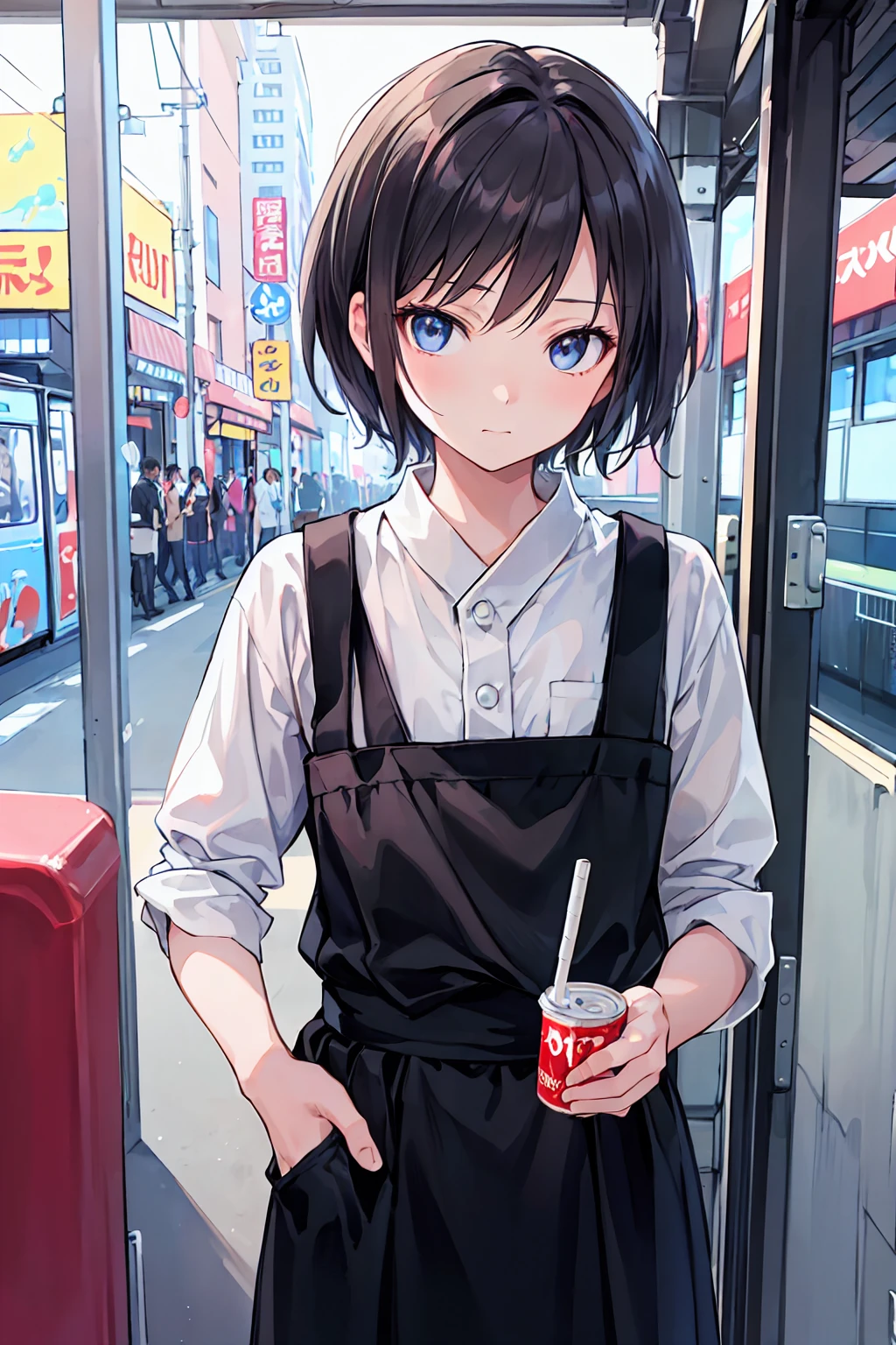 Portraiture, documentary, photograph, A girl is 13 years old gender-neutral middle school student with short black hair and , 疲れた表情でCommuting路を歩いている, short hair, , Commuting route, high quality, Realistic, Eye-level shot, Medium Shot, Front view, Natural light, Commuting,break,One girl, (alone, face,13 years old:1.5),, The charm of androgyny, (Very short hair), Flat Chest, Small Ass, Beautiful and exquisite black eyes, Disgusted Eyes,break,((最high quality,Anime Style, Super detailed,High resolution,Highly detailed CG,unity 8k wallpaper,By famous artists,Perfect Anatomy,Highly detailed skin,Cinema Lighting)),