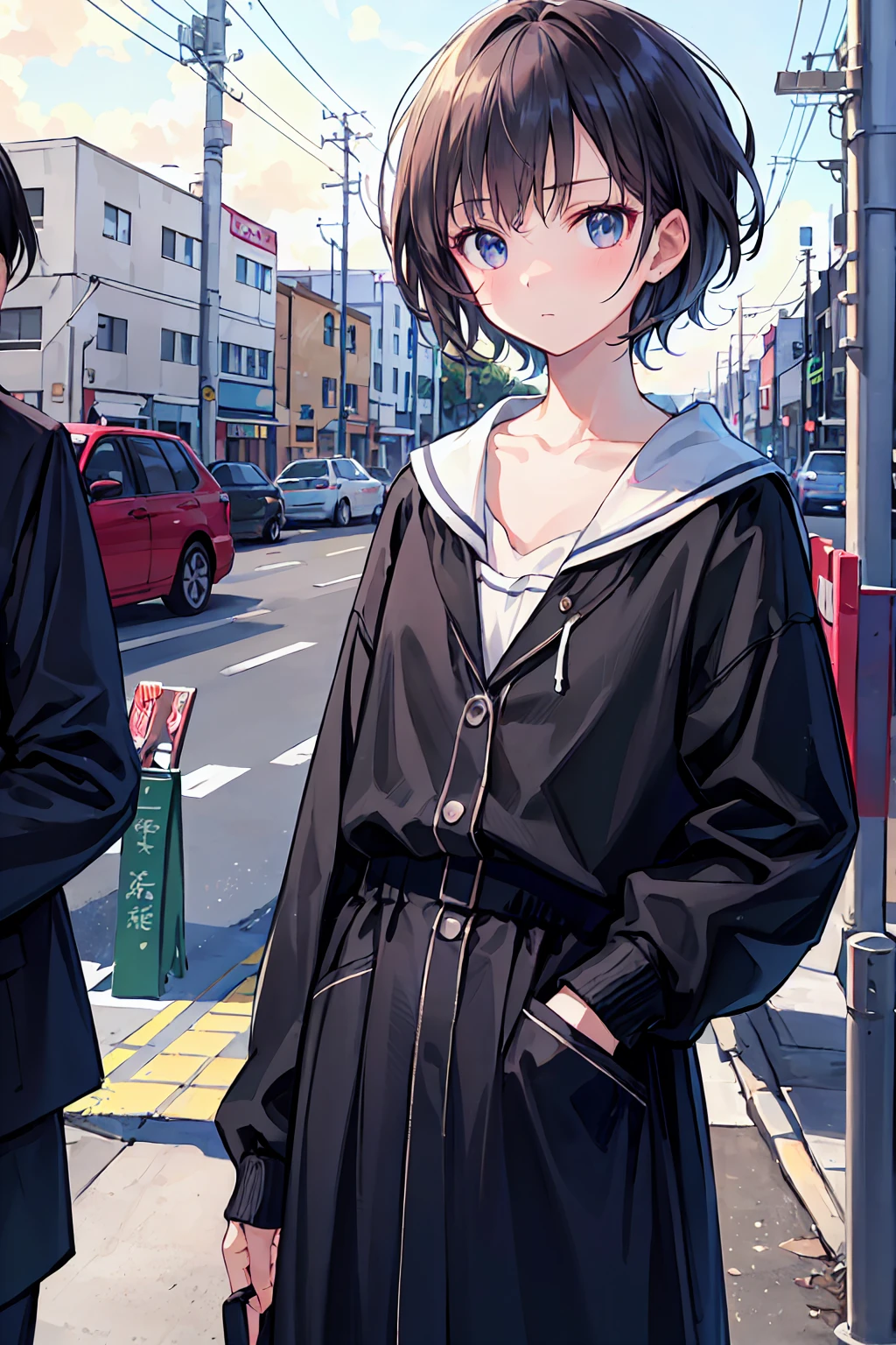 Portraiture, documentary, photograph, A girl is gender-neutral middle school student with short black hair and , 疲れた表情でCommuting路を歩いている, short hair, , Commuting route, high quality, Realistic, Eye-level shot, Medium Shot, Front view, Natural light, Commuting,break,One girl, (alone, face,13 years oldcharm of androgyny, (Very short hair), Flat Chest, Small Ass, Beautiful and exquisite black eyes, Disgusted Eyes,break,((最high quality,Anime Style, Super detailed,High resolution,Highly detailed CG,unity 8k wallpaper,By famous artists,Perfect Anatomy,Highly detailed skin,Cinema Lighting)),