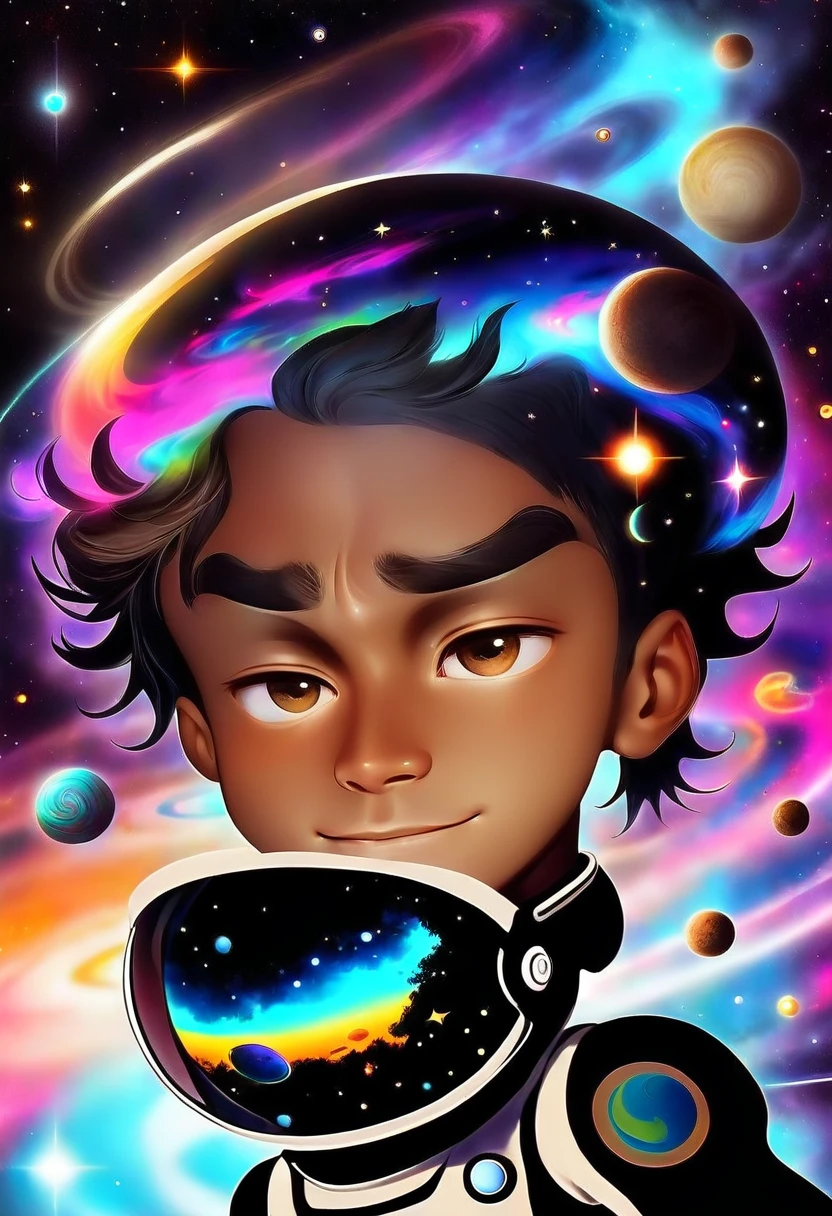 "A young human man, light brown skin, with a third eye in the middle of the forehead, dressed in a black astronaut suit and helmet, full body is floating in outer space. Around, there are planets of different sizes and colors, bright stars and several spiral galaxies on dark space background.