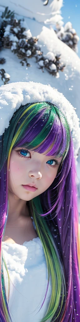 、Baby Face、Classmate、whole body、(Fluffy fur clothes)、Small breasts、bangs、Long Hair、(Multicolored Hair、Purple and green hair、Crystal clear hair、Smooth Hair:1.5)、Place your hands behind your head.、The light illuminates my hair、Light Hair、Silky Hair、Shiny Hair、Slim body、RAW Photos, (Highest quality、masterpiece、Realistic photo:1.2)、Dramatic lighting、Bright lighting、Super detailed、Realistic skin texture、Beautiful eyes in every detail、Blue colored eyes、(Snow is piled up:1.5)、Vast Land、(Detailed Background、Depth of written boundary:1.2)、