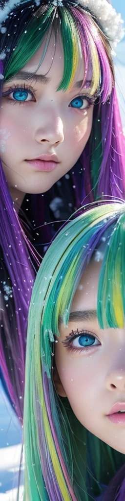 10-year-old girl、Baby Face、Classmate、whole body、(Fluffy fur clothes)、Small breasts、bangs、Long Hair、(Multicolored Hair、Purple and green hair、Crystal clear hair、Smooth Hair:1.5)、Place your hands behind your head.、The light illuminates my hair、Light Hair、Silky Hair、Shiny Hair、Slim body、RAW Photos, (Highest quality、masterpiece、Realistic photo:1.2)、Dramatic lighting、Bright lighting、Super detailed、Realistic skin texture、Beautiful eyes in every detail、Blue colored eyes、(Snow is piled up:1.5)、Vast Land、(Detailed Background、Depth of written boundary:1.2)、