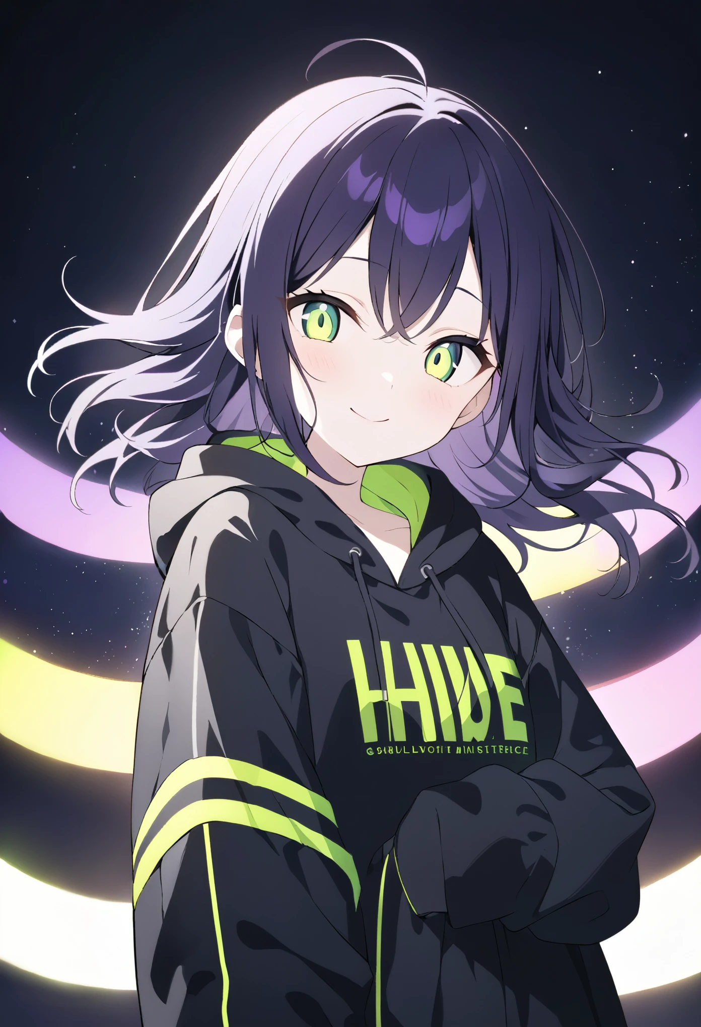Highest quality, masterpiece,Black dark blue hair, Fluorescent yellow-green eyes,Big eyes,Black clothes, Long sleeve、Black anorak parka、Front angle、Gazing at the audience、Upper Body,hair,Fair skin,長いhair、Purple hair tips、Highest quality、最高masterpiece、smile、長いhair、Purple hair tips、Plain black clothing、Night sky background、Dark Background、Perfect Face、Cute face