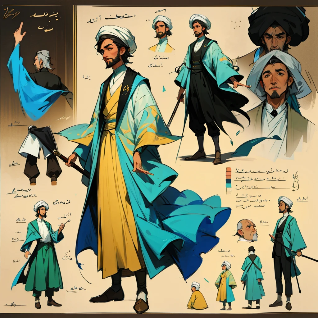 The character sheet model of Saadi, who is an Iranian male poet and the colors of his clothes are Iranian colors, is standing in ancient Iran and writing poetry.