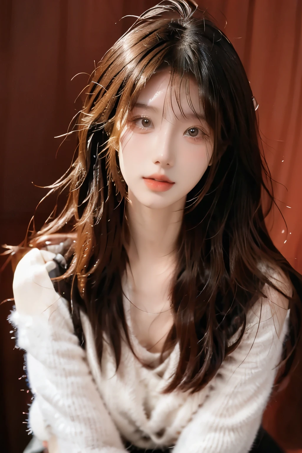 Beautiful woman with perfect body:1.4,Prominent cleavage,Layered Hairstyle,Highly detailed face and skin textures,Double eyelids,Skin Whitening,Long hair,Whitened long legs,Half-length photo