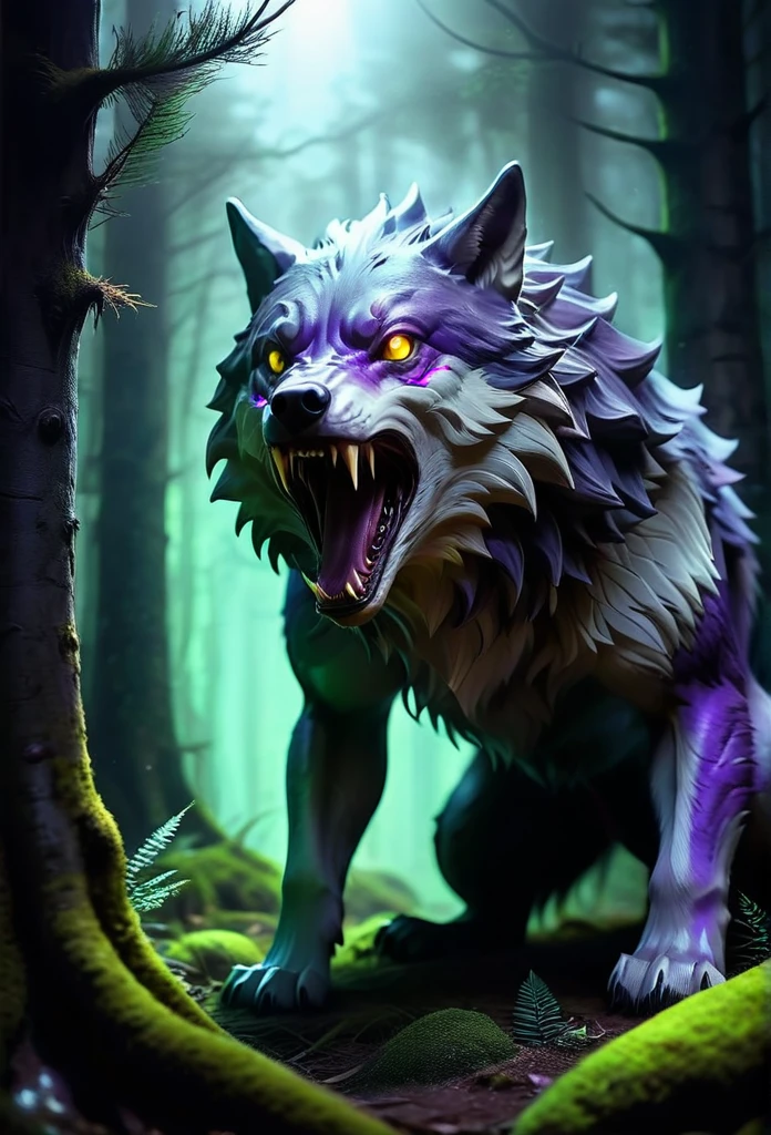 A mysterious creature lurking deep in the cursed forest。Its body resembles that of a large wolf.、The fur is purple and glows strangely.。The eyes are deep yellow、Emitting an eerie light、Captivating to the viewer。Sharp fangs peeking out from its mouth、A low growl echoes.。ears are big、Capture every faint sound in the forest。the tail is long、Flickering like a ghost。Suddenly appearing from the shadows、Attacking prey