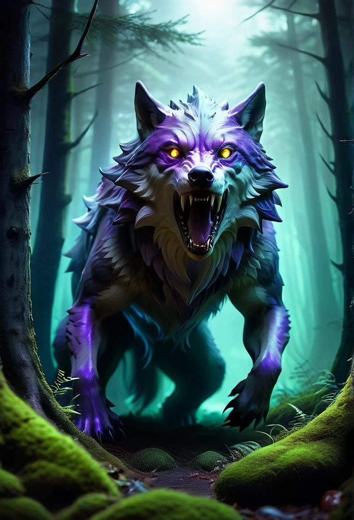 A mysterious creature lurking deep in the cursed forest。Its body resembles that of a large wolf.、The fur is purple and glows strangely.。The eyes are deep yellow、Emitting an eerie light、Captivating to the viewer。Sharp fangs peeking out from its mouth、A low growl echoes.。ears are big、Capture every faint sound in the forest。the tail is long、Flickering like a ghost。Suddenly appearing from the shadows、Attacking prey