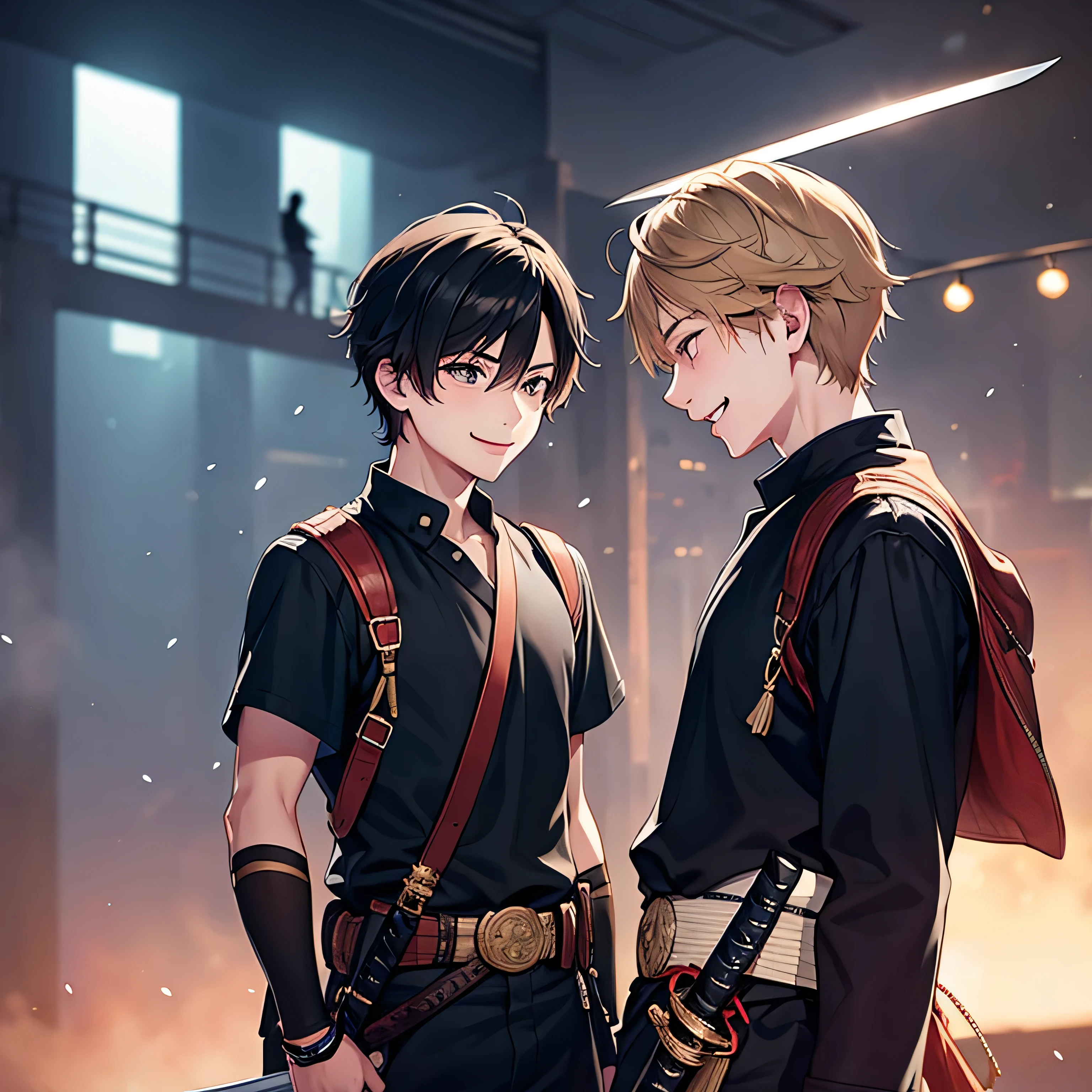 Two male boys, Young people and friends smiling. one of them has a katana.