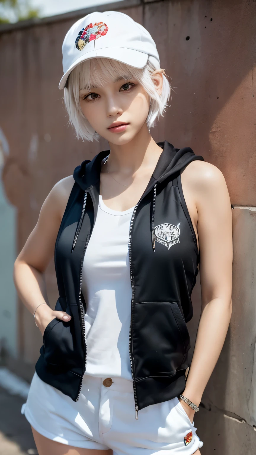 masterpiece, Highest quality, Very detailed, 8K, Realistic, One Girl, alone, Tomboy, Very detailed face, (head shot:1.5), Standing in front of a wall covered in hip hop graffiti, Pixie cut white hair, He is wearing a short tank top and an open-zipped hoodie..,I can see your chest,Nice ass,Wear a New Era cap,Facing forward