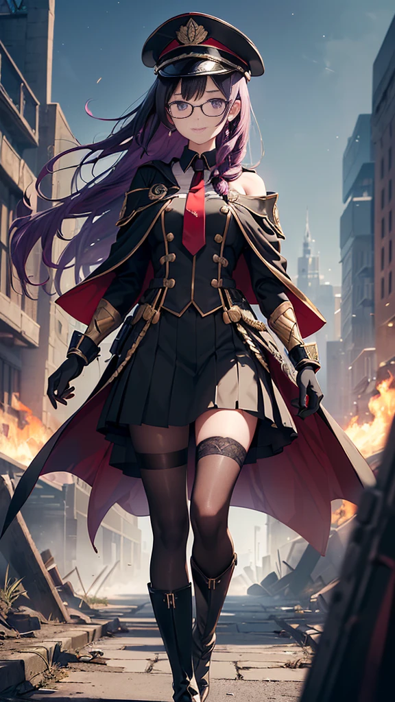 realisitic, City Deserted, Pile of rubble, Brick building, a one woman (18 years old, far away blackw hair, far away slits, Eyes red, glare eyes, 精致的面容, standing (In floor, feet shoulder-width apart), ta style military uniform (blackw base, Red Insert, golden decoration, volantes, wide sleeves, dainty and delicate detailing armors), blackw far away gloves (blackw, Red Insert, golden decoration, small hands, armors), blackw far away gloves, knee high boots (blackw, high-heels, red soles), ha (blackw, aba dourada, shield emblem, delicate details), arms in front, Front of belly, Holding military swords with both hands (blackw, golden decoration, delicate detail, Handle at the top, Ground-facing blade, in front of the body, far away), night sky (blackw, stele, Increased flames and smoke) Pale painting style, One Girl, super high quality, Super Detail, Super Detailed image, long hair, looking at viewer, skirt, shirt, hair ornament, violet eyes, gloves, round glasses, long sleeves, hat, closed mouth, jacket, violet hair, braid, open clothes, necktie, black gloves, black skirt, uniform, single braid, open jacket, black jacket, black headwear, 手链, peaked cap, black necktie, cropped jacket, military hat, pantyhose, Flat Chest, smile, Black Cape