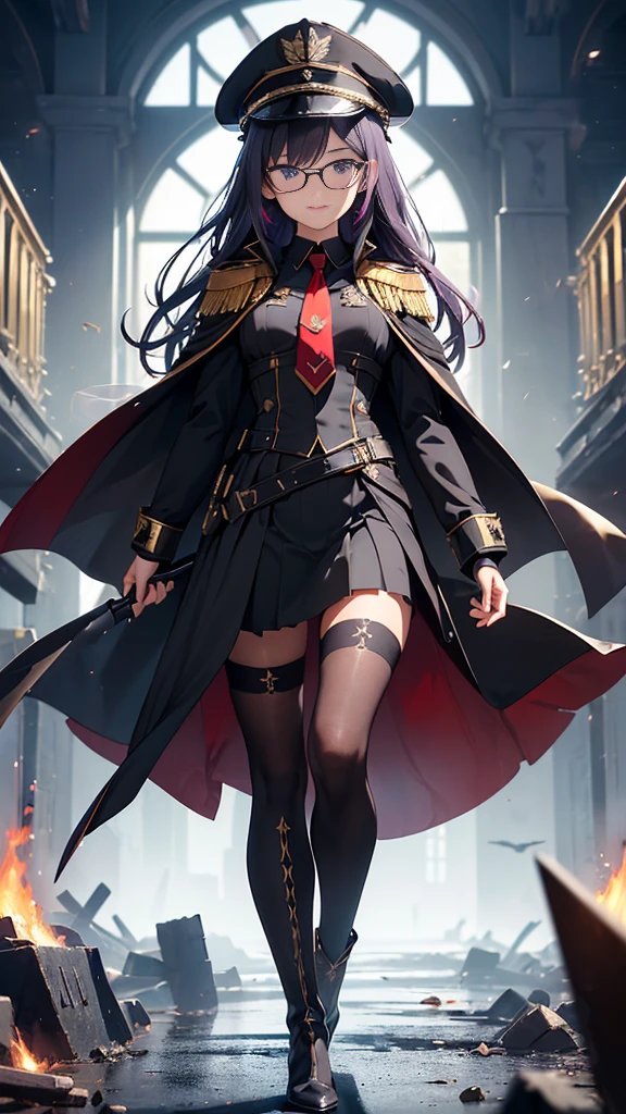 realisitic, City Deserted, Pile of rubble, Brick building, a one woman (18 years old, far away blackw hair, far away slits, Eyes red, glare eyes, 精致的面容, standing (In floor, feet shoulder-width apart), ta style military uniform (blackw base, Red Insert, golden decoration, volantes, wide sleeves, dainty and delicate detailing armors), blackw far away gloves (blackw, Red Insert, golden decoration, small hands, armors), blackw far away gloves, knee high boots (blackw, high-heels, red soles), ha (blackw, aba dourada, shield emblem, delicate details), arms in front, Front of belly, Holding military swords with both hands (blackw, golden decoration, delicate detail, Handle at the top, Ground-facing blade, in front of the body, far away), night sky (blackw, stele, Increased flames and smoke) Pale painting style, One Girl, super high quality, Super Detail, Super Detailed image, long hair, looking at viewer, skirt, shirt, hair ornament, violet eyes, gloves, round glasses, long sleeves, hat, closed mouth, jacket, violet hair, braid, open clothes, necktie, black gloves, black skirt, uniform, single braid, open jacket, black jacket, black headwear, 手链, peaked cap, black necktie, cropped jacket, military hat, pantyhose, Flat Chest, smile, Black Cape