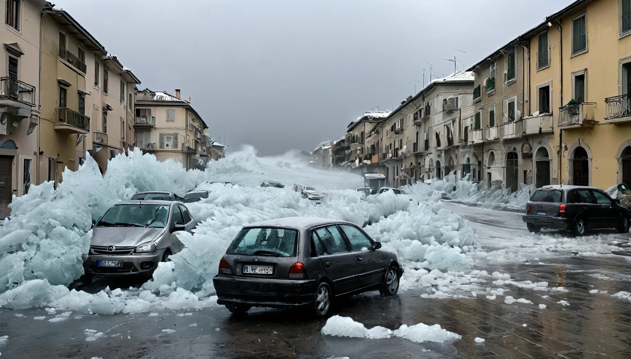 whoa, dramatic image depicts a chaos scenario. Hail of ice with strong winds falls on a street in Alexandria, Italy, caused mountains of ice, destroying house roofs and car windows.