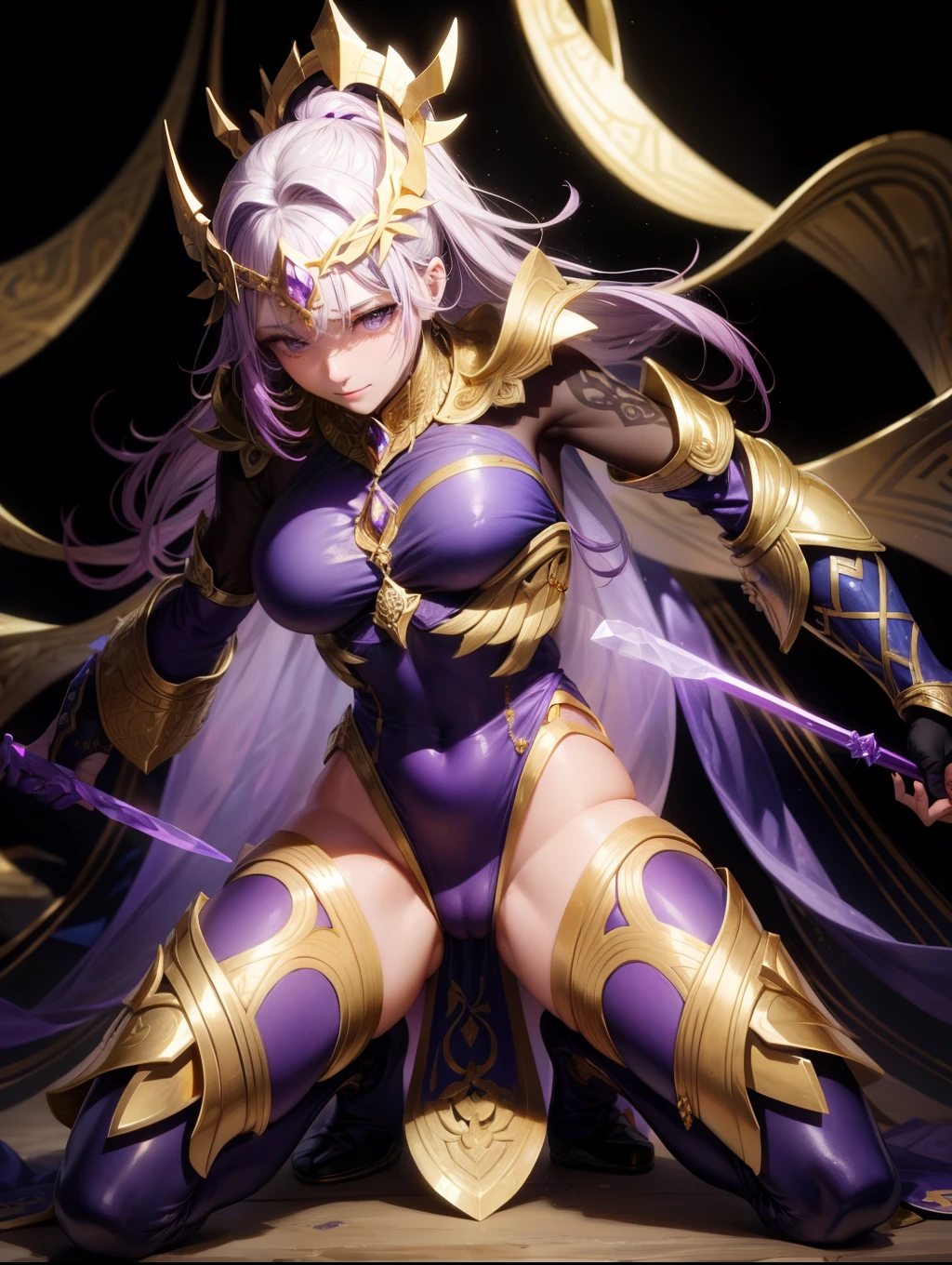 The whole face is full of gold and purple interweaving,There are many gorgeous carvings all over the body,Let them coexist,This can also be done around the eyes. The entire surface should be transparent purple and gold,No other colors.,Does not contain any other colors.,Amethyst and gold veins are transparent,There should be a lot of crystal effects like transparent crystal,Add some gold thread for decoration。The color changes to purple and gold,Some purple and gold(Ensure its layering and armor texture,Purple is the main color,Add some gold for decoration)