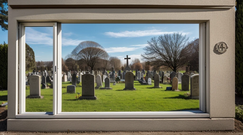 A picture of a small Window with a graveyard at the last plan