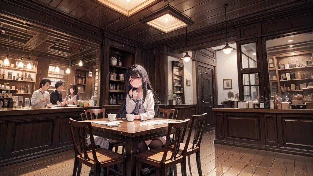 (8K、RAWE Photo、Highest quality、masterpiece:1.2)、Highest quality、Ultra-high resolution、Emotional Girls)Cafe、chill,Sitting in a chair,evening、Inside the store