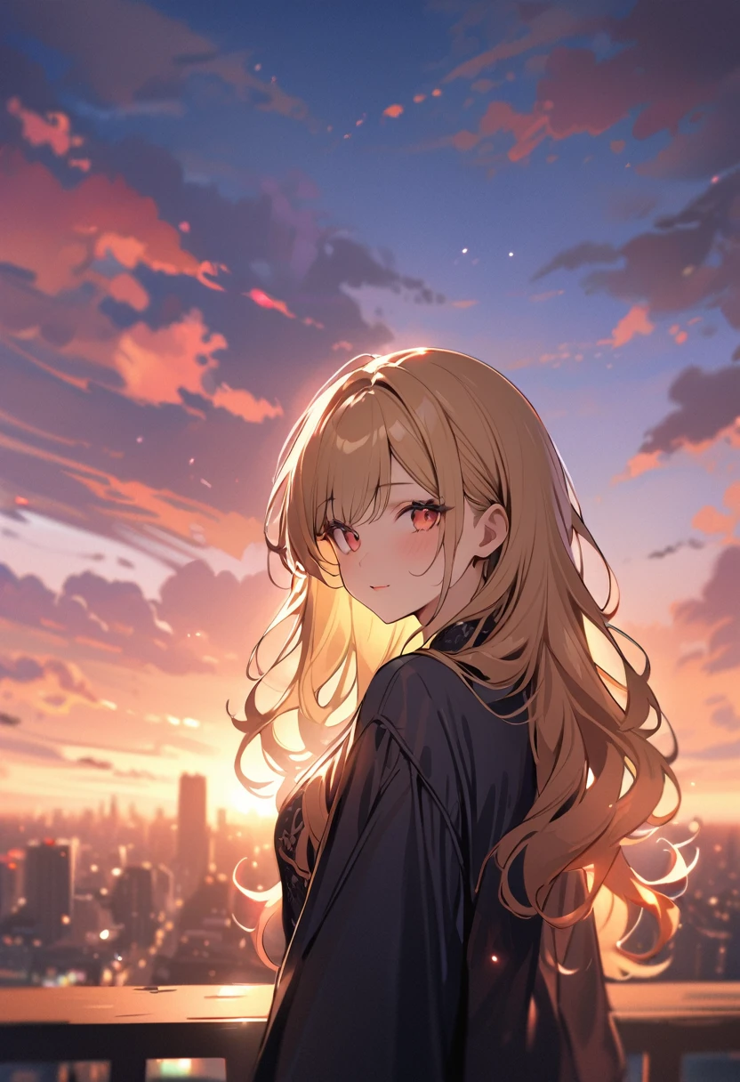 1 lady, 20 years old, blonde hair, long hair, wavy hair, 
BREAK (masterpiece), (high resolution 8K), cinematic lighting, professional lighting, detailed eyes and face, detailed body, 
BREAK Silhouette Lighting, As the sun sets, painting the sky with hues of orange and pink, a woman (captures a selfie:1.5) on a rooftop overlooking the city skyline. She’s dressed in evening casual, with a light scarf draped over her shoulders against the cooling air.  The background features the silhouette of the city against the breathtaking sunset, symbolizing the end of a day filled with moments worth capturing