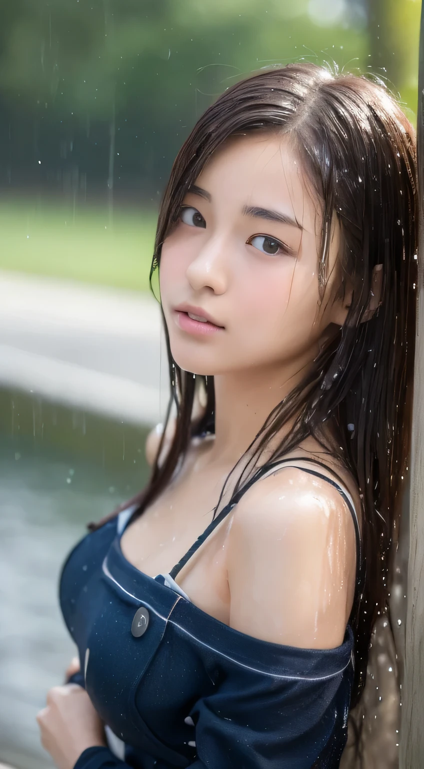 (Top Quality, 8k, Masterpiece: 1.3), ((Beautiful japanese high school student)), Female 1 Person, (Breasts, Attractive Body: 1.2), Abs: 1.1, Dark Brown Hair: 1.1, (Wet Rain, Wet Body: 1.1), Ultra High Detail Face, Detailed Lips, Detailed Eyes,