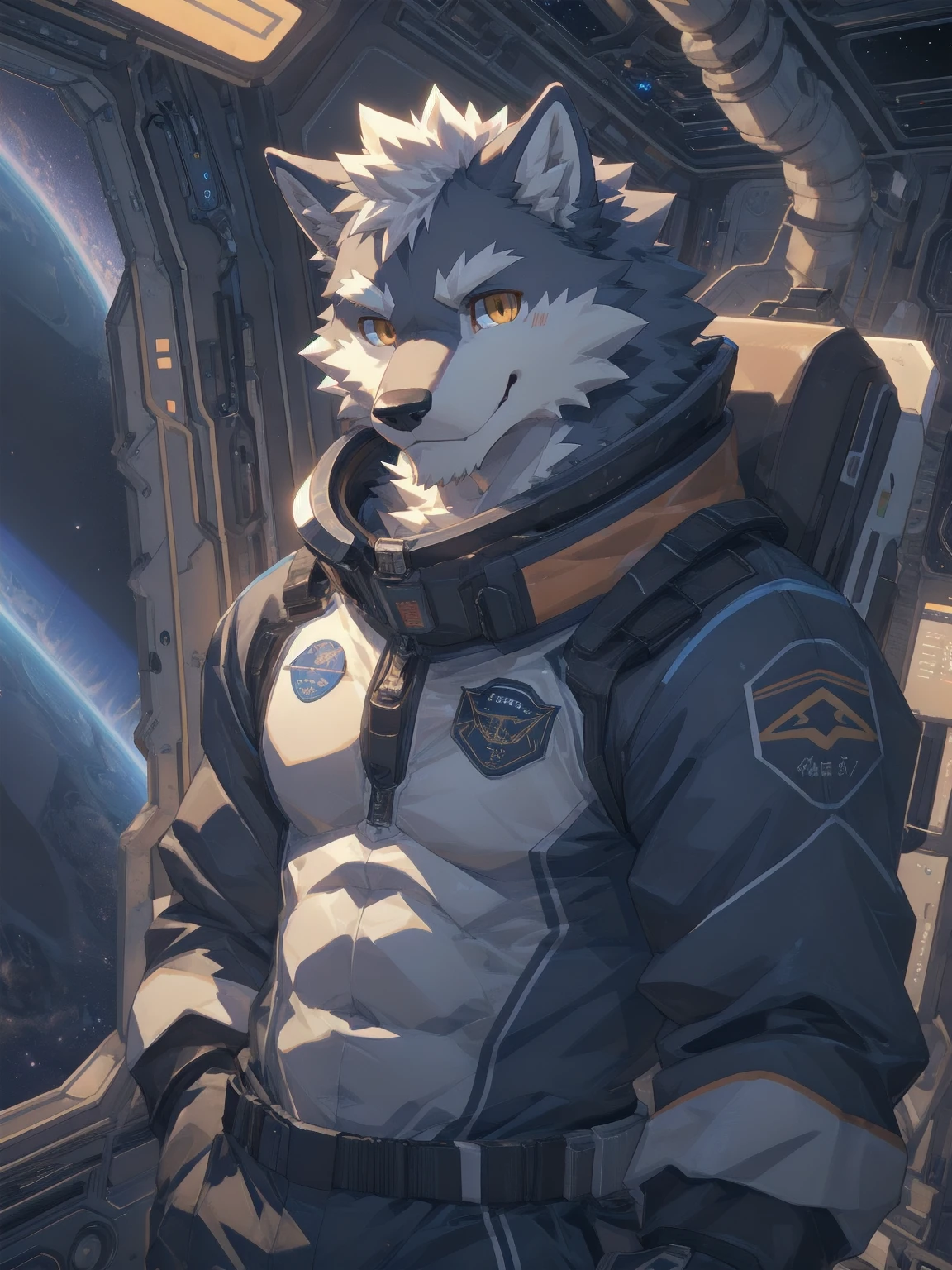 Best quality, Professional, Vivid Colors, Beautiful Lighting,
wolf, Muscular male, kemono, by zixiong, Solo, grey Fur, white body, golden eyes, pectorals, (detailed face, detailed eyes:1.5),
looking at viewer, spacesuit, space observation deck background, smirking, seductive smile,
