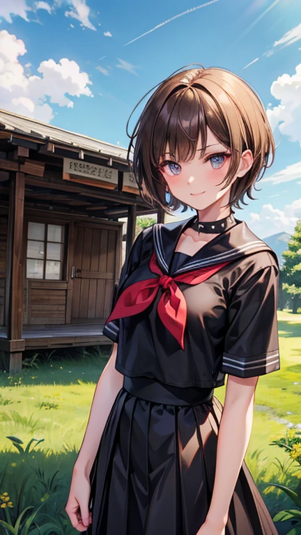 Short Spiky Hair dull brown hair Slit eyes laugh at Glare frivolous attitude Country-style black sailor suit Nagoya collar Long skirt Rural classroom