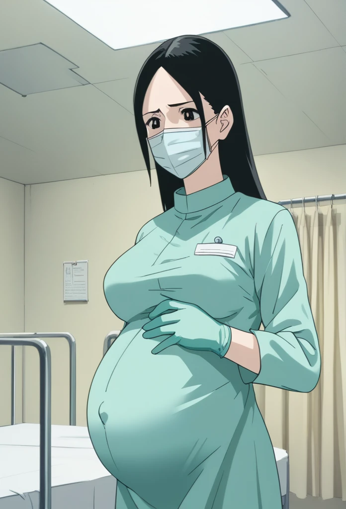 score_9,  score_8_up, score_7_up, source_anime, raw image, masterpiece, highest quality, natural light, patient room background, kasuganoray, pale skin, worried eyes, sweating, long black hair, big breasts, see tits, scrubs, surgical mask, surgical cap, long sleeve maternity dress, seamless, tits, navel head, 
1girl, pregnant, solo, long rubber gloves, looking down, furrowed brow, hospital bed, standing, patient room divider, abdominal pain near giving birth