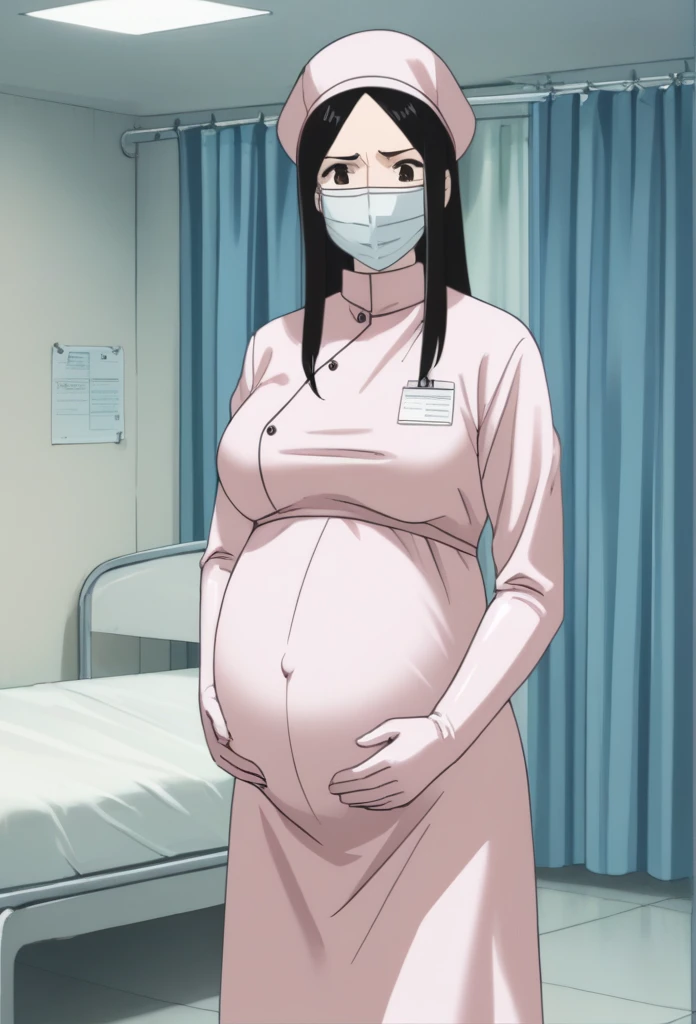 score_9, score_8_up, score_7_up, source_anime, raw image, masterpiece, highest quality, natural light, patient room background, kasuganoray, pale skin, worried eyes, sweating, long black hair, big breasts, see tits, scrubs, surgical mask, surgical cap, long sleeve maternity dress, seamless, tits, navel head,
1girl, pregnant, solo, long rubber gloves, looking down, furrowed brow, hospital bed, standing, patient room divider, abdominal pain near giving birth