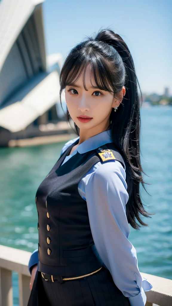 sexy police uniform, small breast, sexy pose, model pose, earring, sydney opera house, windy, hair flying, night, extremely detailed eyes, extremely detailed face, best quality, extremely detailed, one person, one girl, ultra-detailed, (realistic, photo-realistic:1.3)