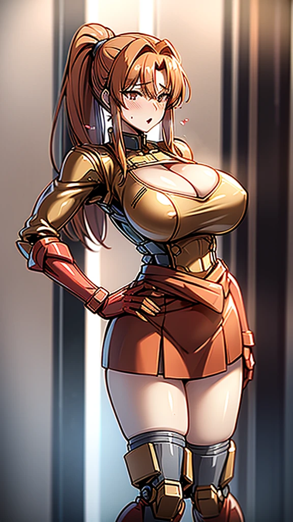 red translucent armor,Arm mecha,Short golden hair,Long ponytail hairstyle,Large Breasts,Cleavage,Pistol hanging from waist,fighter pilot,fighter hangar,Sexy,Lipstick,Miss,Golden Eyes,stockings,Short skirt