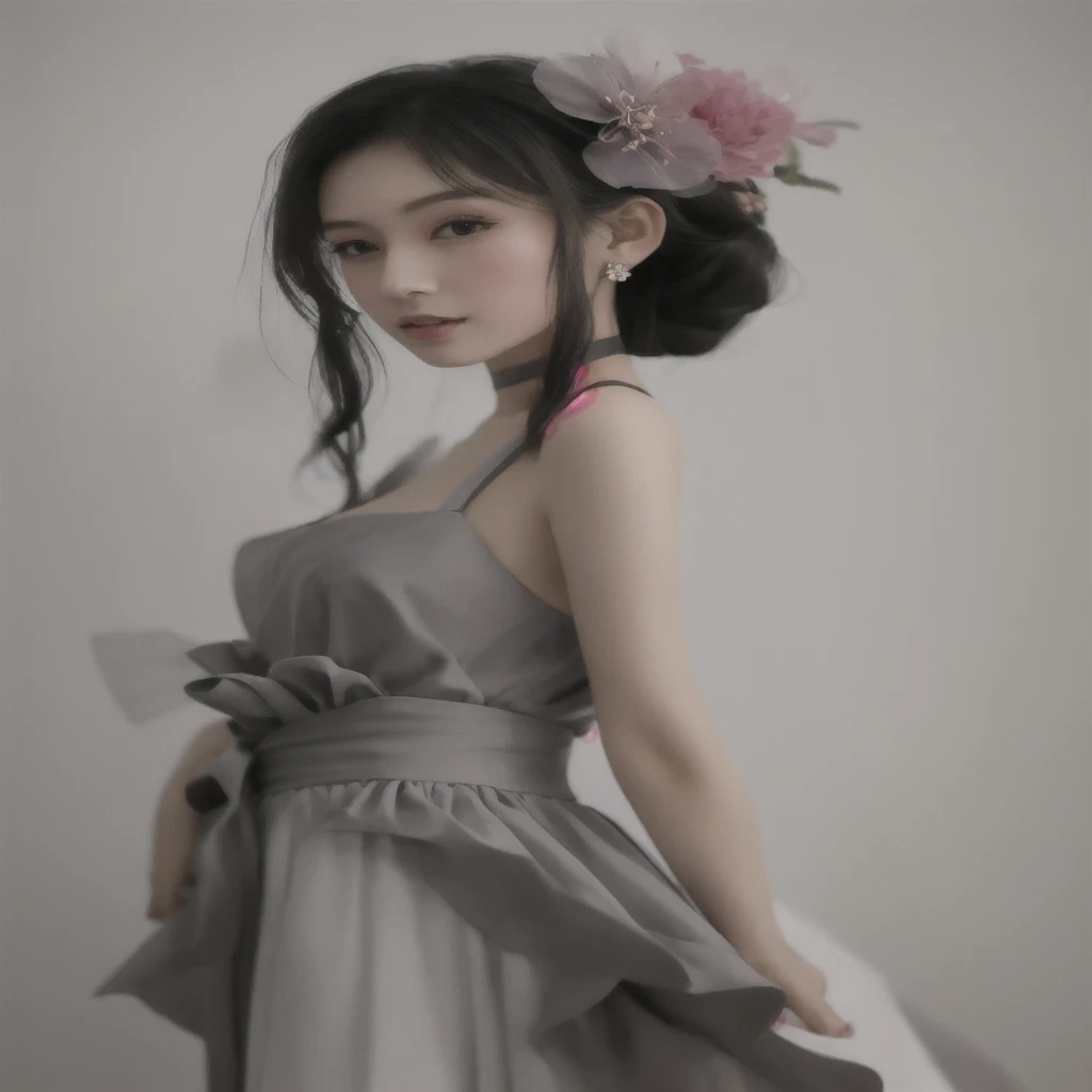 Arabian woman in a grey dress with flowers in her hair, Gorgeous Chinese Model, In the style of Urop, Inspired by Gao Sen, loose fitting dress, Cute and elegant pose, Inspired by Yanjun Chen, Inspired by Gao Qi Fang, Inspired by Takasho, sakimichan hdri, inspired by Han Gan, Yanjun Chent, Japanese Model