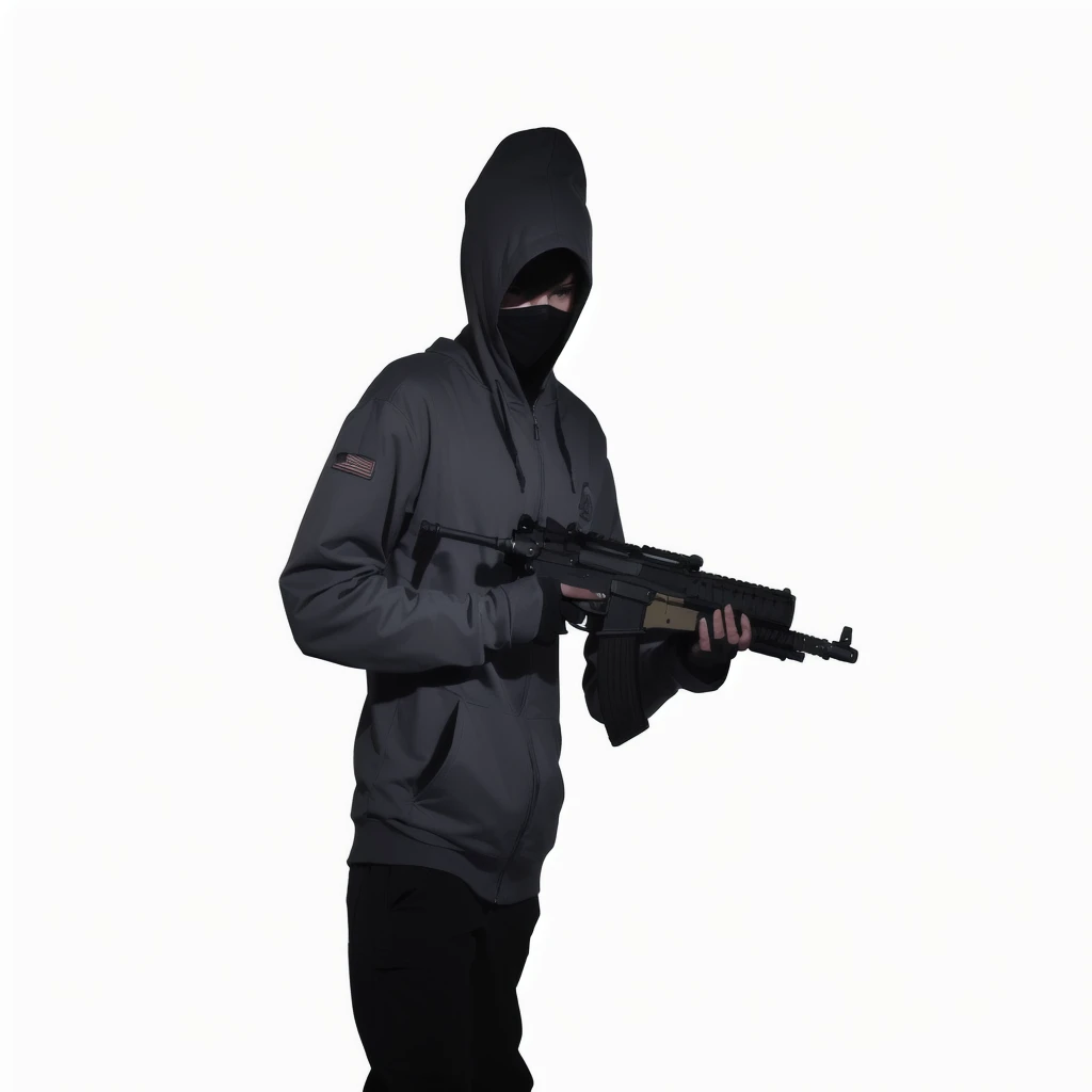 a close up of a person in a hoodie holding a gun, wielding assault rifle, dramatic wielding gun pose, holding gun, realistic gun, holding a weapon, holding shotgun down, with pistol, with rifle, man is carrying a rifle, sfm render, leaked footage, holding rifle, holding shotgun, grabbing a rifle, attack pose, as a fortnite character