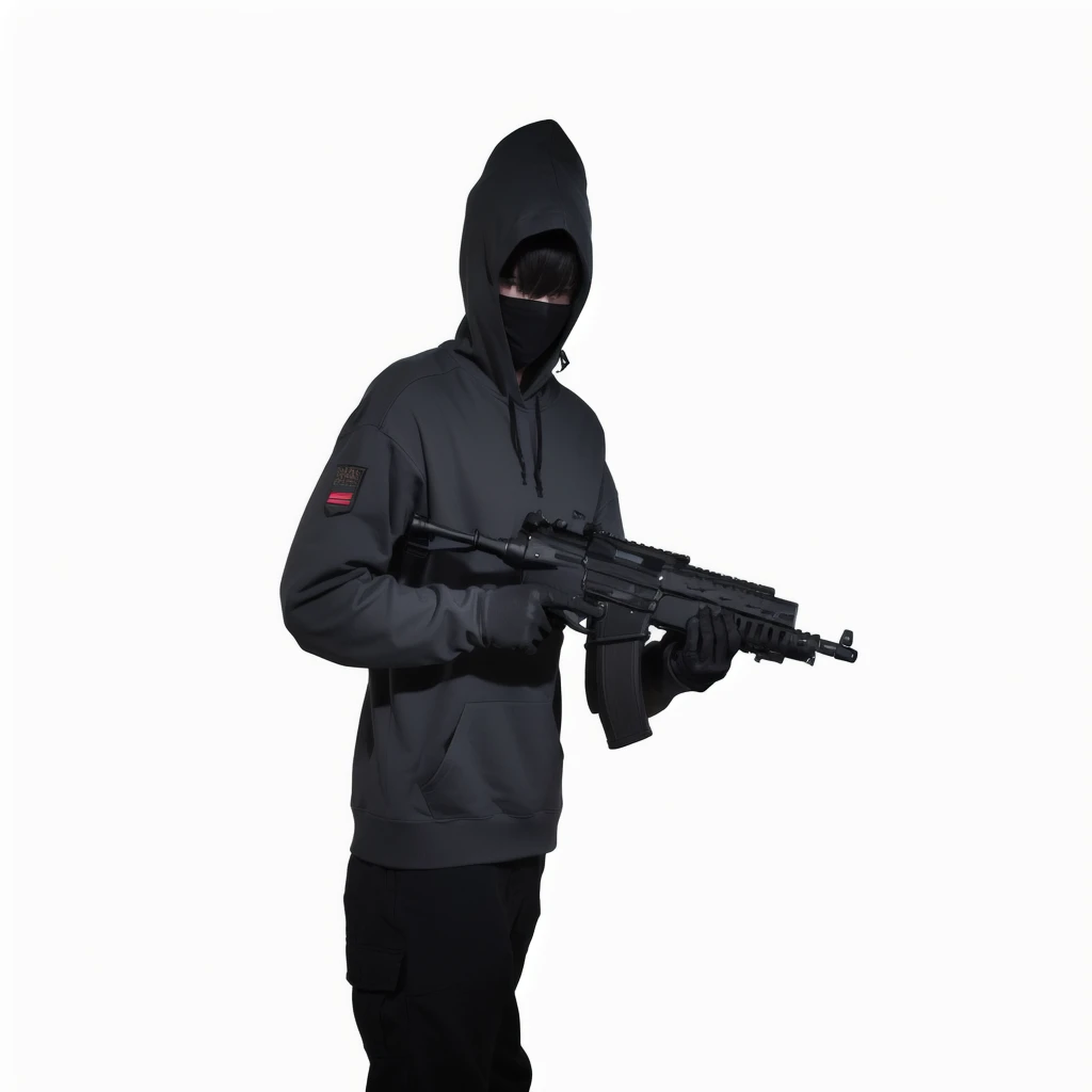 a close up of a person in a hoodie holding a gun, wielding assault rifle, dramatic wielding gun pose, holding gun, realistic gun, holding a weapon, holding shotgun down, with pistol, with rifle, man is carrying a rifle, sfm render, leaked footage, holding rifle, holding shotgun, grabbing a rifle, attack pose, as a fortnite character