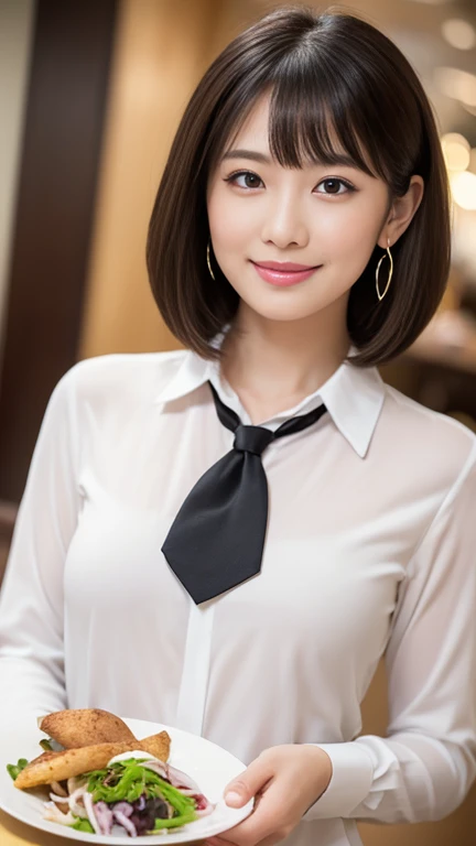 (masterpiece)、(Highest quality:1.5)、(Photorealistic:1.urreal), (High resolution), (Realistic), (Post-processing),(Sharp focus), Sharp focus:1.2,Backlight, (Improvement of quality:1.4), (Narrow waist)、Big Ass、(rfectly detailed five-fingered hands)),(Anatomically correct body)、((1 female:1.4))、Japanese、Realistic Skin、(Small chest:1.4)、Bust size is A cup、Pretty woman with perfect figure:1.4,(from the front:1.5), (Enhances the beauty of skin texture:1.1),No makeup、美しいBlack Hair、The best smile、Natural color lip、(Small Mouth:1.4)、The mouth is not open、Thick lips、(Oval Face)、Even bangs、Hide eyebrows with bangs、((33-year-old woman))、Bob Hair、Hair blowing in the wind, (Black Hair, Iris, Watery eyes, Shining Eyes, Bob Cut Hair, Small earrings,), Hair behind the ear、No makeup、(Drooping eyes)、(((One lovely woman)),((A big friendly smile)),(( Small breasts,reastsの谷間)),(( Cheeks)))),((whole body:1.5)),very cute,(Baby Face),高級restaurantで、full-course dinner、Wine Party、Bright image、Thety of wine, Beautiful Face, red wine 、Appetizers、Italian food、Wine bottle、Champagne、sparkling wine、(slimな顔), (The body is slim),restaurant, White wine, slim, wine glass, 中央に置かれたwine glass, Beautiful fine grain, Depth f/2,saturation, High Contrast, Strong light and shadow,Moist Body:1.5、3D texture、Delicate eyes、((In front of the food on the table:1.5))、White collar shirt and tie、erious expression