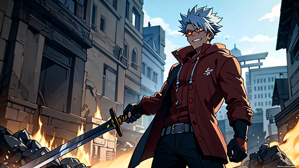 16K, High resolution, RTTX 10.0, Ray Tracing, Top quality masterpiece, Awards, Talked about at the art station, very beautiful, Perfect ??????? and highly detailed face, Glowing Eyes, Fine grain, Accurate drawing, Beautiful Hair, Detailed Background, Edgy, Back view of one person, Man in his late 20s, Well-groomed Mafia, Red hoodie and black pants, Warm, loose-fitting clothing, A jacket is tied around the waist, Casual youth fashion, A mercenary with two swords at his waist, A dual-wielding swordsman with his swords sheathed, Dystopian criminals, Yakuza with a scar on his face, Dark malicious smile, Squint your eyes and laugh, Tanned dark skin, White to silvery hair, Ponytail Hairstyles, thick black rimmed glasses, Cynical smile, Sarcastic mood, A gangster with a scar on his nose, A violent criminal with a horizontal scar across his face, Injured Villain, A horrific massacre, Collapsing Building, I have inner loneliness, Deep down, I feel like life is hard, Jealousy and envy towards successful people, The insight and resignation that come from hard work and failure, Perverse Desperation,