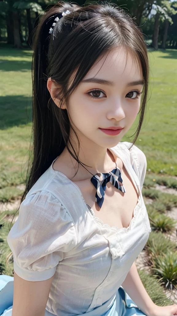 collared dress,european city park,On the lawn,One woman,masutepiece, The highest image quality, High quality, the background is clear,Beautiful woman, Japanese,Ultra-detailed, finely detail, hight resolution, 8K Wallpaper, Perfect dynamic composition, Beautiful detailed eyes , Detailed, Detailed eyes, Detailed skin, Beautiful skin, 超hight resolution, (reality: 1.4),Very beautiful woman, Slightly younger face, Beautiful skin, slender, (Ultra photo realsisim), (hight resolution), (8K), (Very detailed) (beautifully detailed eyes), (super detailed), (Detailed face), view the viewer, Fine details, Detailed face, Staring straight ahead, Staring straight ahead, photos realistic, Bright lighting, Professional Lighting, Black hair,poneyTail,a baby face,sixteen years old,Hairstyle: ponytail,Long ponytail hairstyle,slight smile,neat and tidy clothing,Beautiful Japanese KPOP idol photo, hair style is ponytail, my eyes are double and wide, baby face, smile and look straight ahead, slender, small breasts,Close up face,