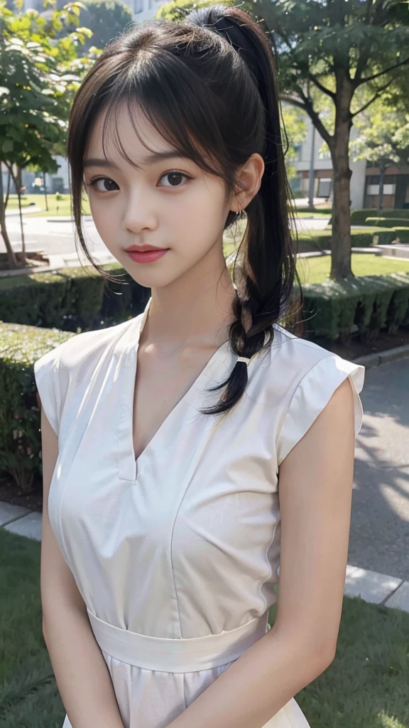 collared dress,european city park,On the lawn,One woman,masutepiece, The highest image quality, High quality, the background is clear,Beautiful woman, Japanese,Ultra-detailed, finely detail, hight resolution, 8K Wallpaper, Perfect dynamic composition, Beautiful detailed eyes , Detailed, Detailed eyes, Detailed skin, Beautiful skin, 超hight resolution, (reality: 1.4),Very beautiful woman, Slightly younger face, Beautiful skin, slender, (Ultra photo realsisim), (hight resolution), (8K), (Very detailed) (beautifully detailed eyes), (super detailed), (Detailed face), view the viewer, Fine details, Detailed face, Staring straight ahead, Staring straight ahead, photos realistic, Bright lighting, Professional Lighting, Black hair,poneyTail,a baby face,sixteen years old,Hairstyle: ponytail,Long ponytail hairstyle,slight smile,neat and tidy clothing,Beautiful Japanese KPOP idol photo, hair style is ponytail, my eyes are double and wide, baby face, smile and look straight ahead, slender, small breasts,Close up face,