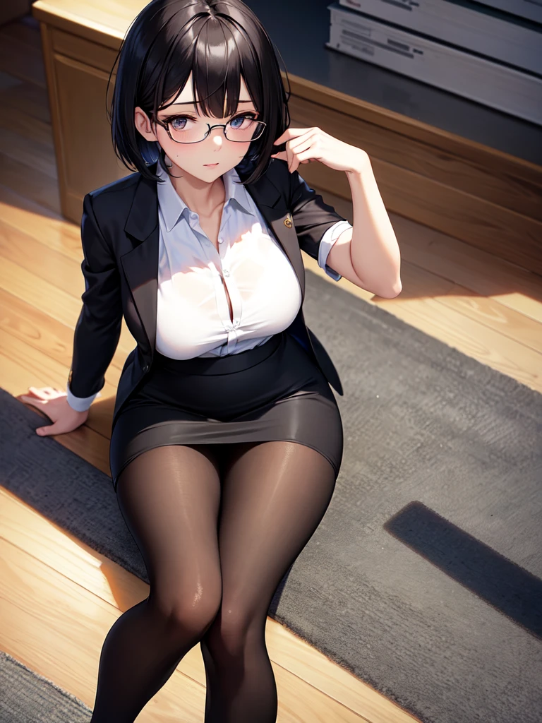 masterpiece, best quality, high definition images, atmospheric perspective, expressive eyes, perfect face, ultra detailed, solo, 1mature seductive woman sitting down in a carelessly sprawled on desk, alluring pose, black short bob hair, simple glasses, business suit, vest, blouse, grabbing large breasts, pencil skirt, tight mini skirt, lifting skirt, spread legs, panties, curvy, thighs, pantyhose, high heals, look ecstasy, calm smile, shy, open mouth, from below, in study room,