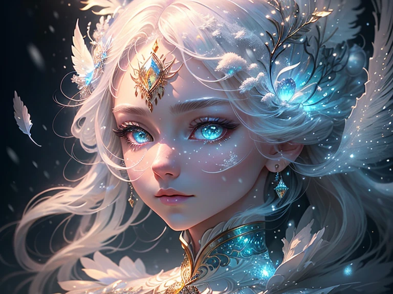 (((masterpiece))), (((Highest quality))), ((Super detailed)),(Highly detailed CG illustrations), ((Very delicate and beautiful)),Cinema Lighting. This is a realistic fantasy art with contrasting colors and a very mysterious atmosphere. Generate a pure white woman ((Pure white skin)), Metallic Hair, bold, Colorful eyes. (((Her skin is whiter than snow))). Her face is highly detailed with realistic shading.、Her eyes are incredibly high resolution and brightly detailed。, bold色彩. (((Her eyes are important、Must be perfect.))) She is soft, Swollen lips. Soft white feathers、Incorporate lots of fantasy details, beautiful French silk, Delicate embroidery, snow, Iris detail, phantasmal Iris detail, Glitter. Include moonlight, snowflakes, And winter scenery. The characters in this work are、A delicate yet powerful character who exudes an aura of mystery and magic.。. Character clothing should be designed with thin feathers, silk, Beautiful embroidery, Subtle iridescent details. Embrace dreamy colors, Dynamic Lighting, Detailed background elements that create awe and immersion.  Considering the latest trends in fantasy art, Unique lighting effects, Exploring dynamic and engaging compositional techniques, Try out unique color palettes. Get inspired by top artists from ArtStation and Midjourney. camera: Highlight the beauty of the characters、Choose an angle that enhances the magical majesty of your artwork。. Lighting: Utilize atmospheric lighting techniques to create depth and atmosphere. solve: Aim for high-resolution artwork for exquisite detail and clarity. Art inspiration: Get inspired by popular artists with ArtStation, Explore different styles, Genre, theme.