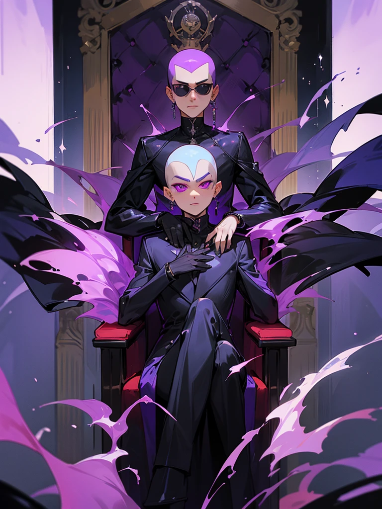 Silver world, black riding suit, sunglasses, purple flame, purple throne, young man shaved head red makeup