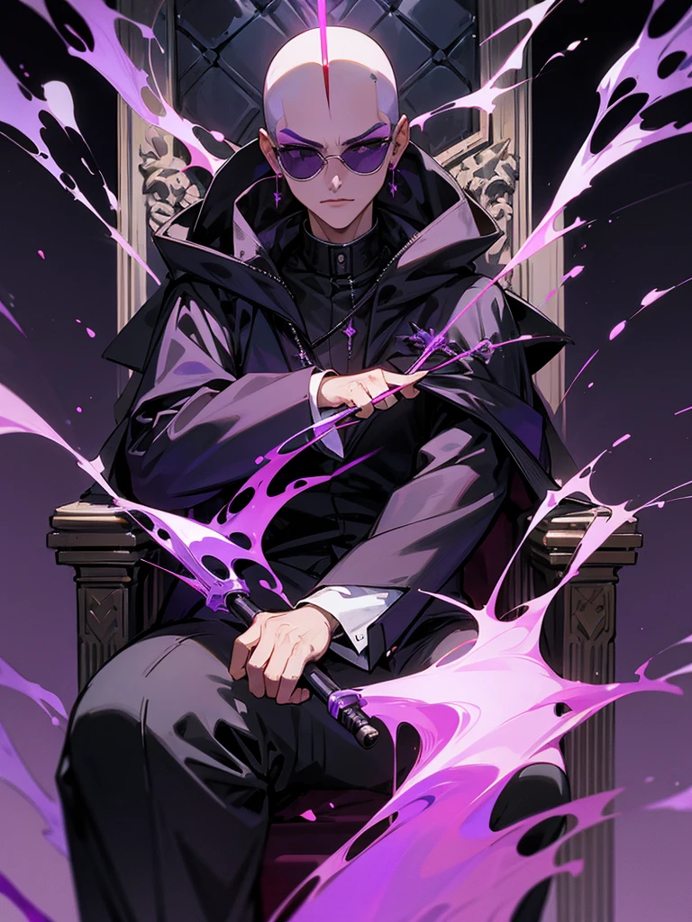 Silver world, black riding suit, sunglasses, purple flame, purple throne, young man shaved head red makeup